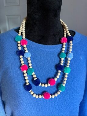 J.Crew Colorful Pom Pom Double Strand Wooden Bead Statement Necklace